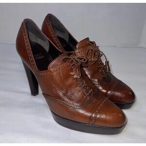 STUART WEITZMAN Heeled Oxford Shoes Size 7 Brown Leather Brogue Lace Up Loafers